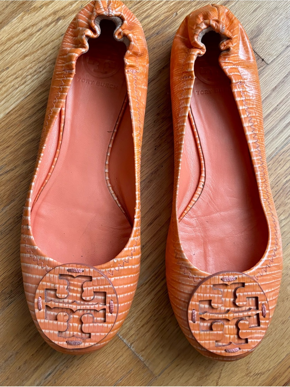 Tory Burch Orange Croc-Embossed Logo Ballet Flats